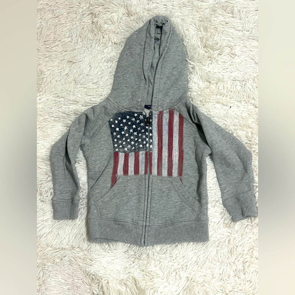 Baby Gap Toddler 3 Years American Flag Hoodie Gray Patriotic Full Zip Sweatshirt